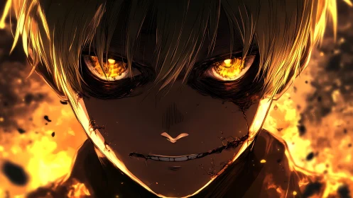 Intense anime character portrait with burning background.