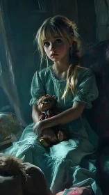 Melancholic girl clutching teddy bear in cool dusk light.