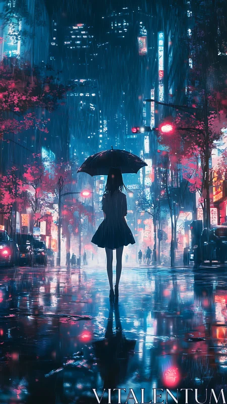 Silhouetted figure with umbrella in neon lit rainy city street.
