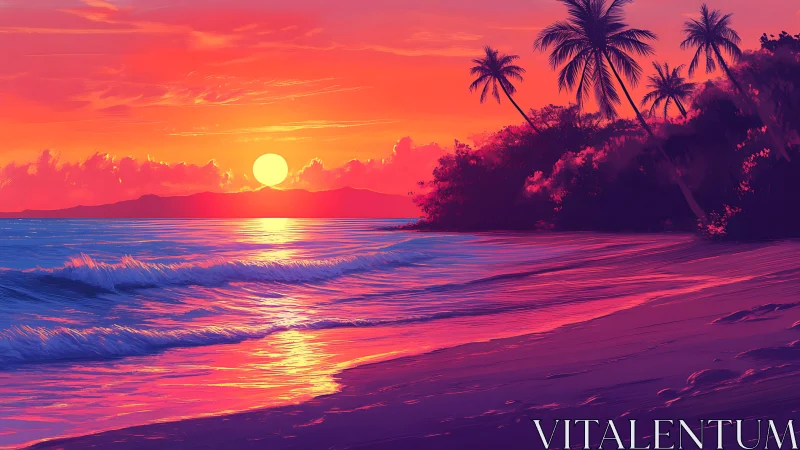 Vibrant tropical sunset glows over calm palm-lined shoreline
