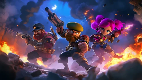 Triadic stylized commandos advancing through explosive ruins.