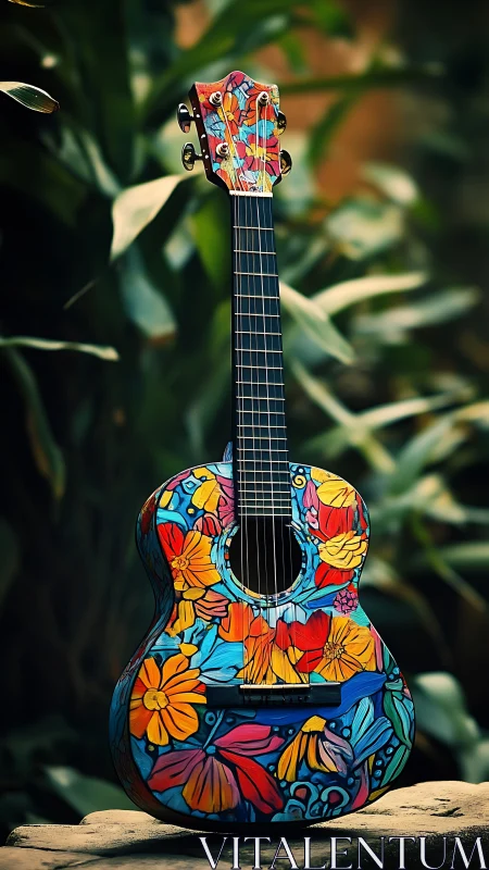 Floral-pattern acoustic guitar with vivid hand-painted body and headstock