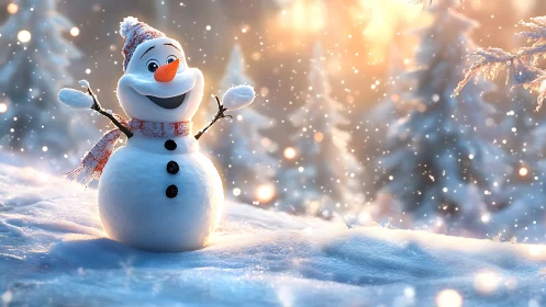 Cartoon snowman in snowy forest under soft winter light.
