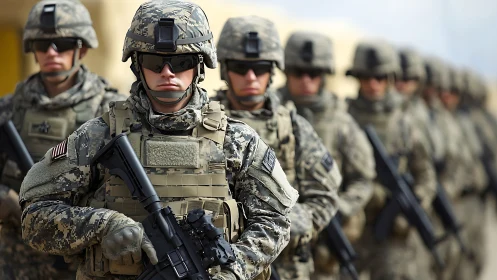 Modern infantry soldiers in formation with tactical gear.