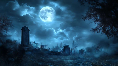 Moonlit graveyard breathing blue mist and quiet legends.