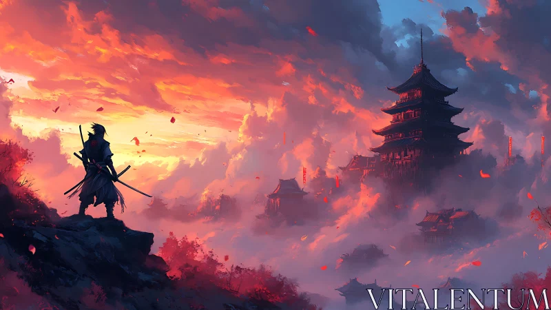 Lone samurai overlooks misty pagoda city at sunset.