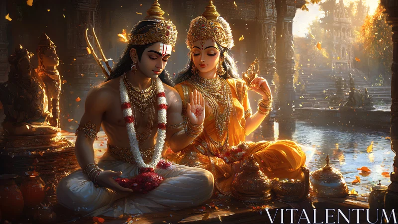 Radiant divine couple sharing a peaceful golden blessing.