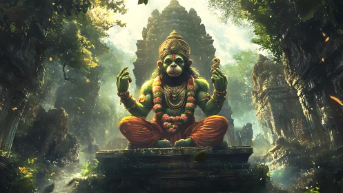 Hanuman-inspired monkey deity meditating in jungle ruins.