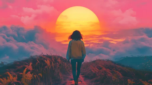 Digital painting of lone figure on path toward neon sunset horizon.