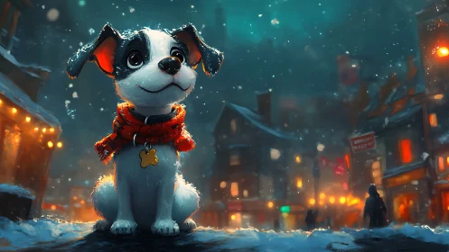 Small dog in red scarf on snowy city street at night.