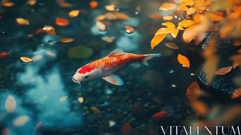Gentle koi gliding beneath drifting autumn leaves in peace.