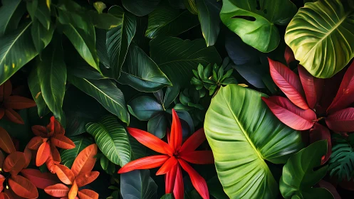 Tropical foliage closeup with red and green broad leaves.