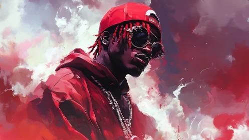 Red streetwear portrait against abstract cloudy sky.