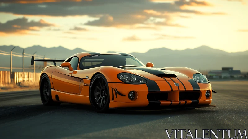 Orange sports coupe sits on track under soft sunset light