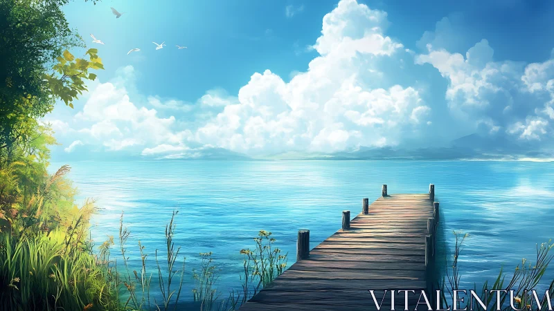 Sunlit lakeside pier drifting toward painted summer clouds.