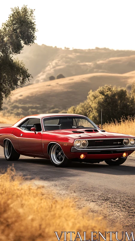 Classic red muscle car glows on sunlit country road.