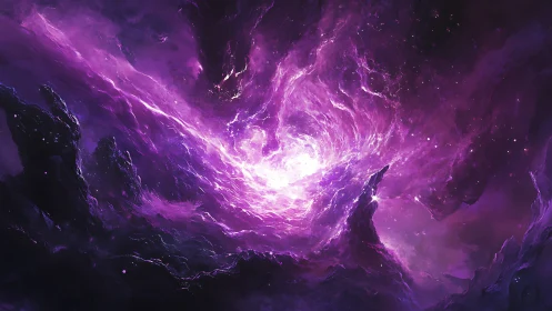 Cosmic vortex nebula in luminous violet digital painting.