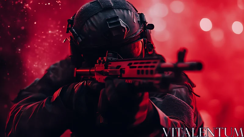 Tactical operator aiming carbine in red cinematic backlight