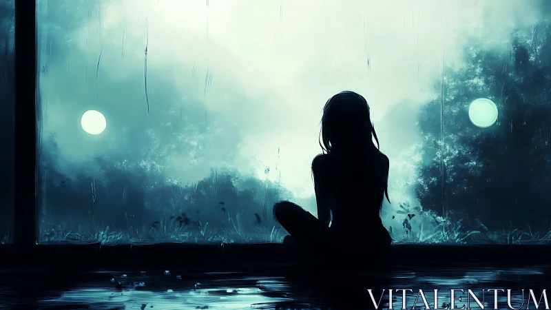 Silhouette sits by window watching misty night landscape