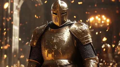 Armored knight in golden plate harness under cinematic embers
