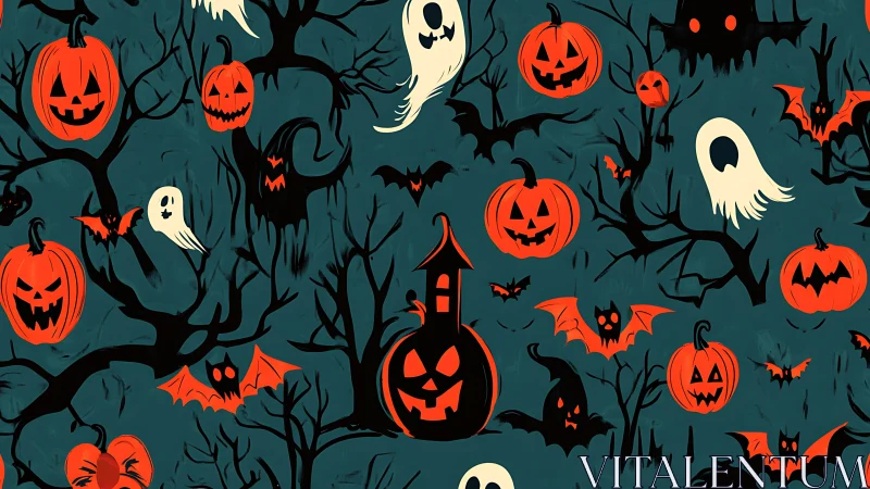 Halloween pumpkins, ghosts and bats in eerie pattern design.