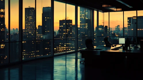 Twilight Urban Panorama: High-Rise Office Interior at Dusk.