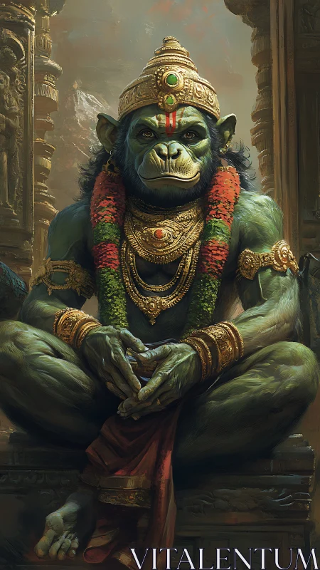 Simian deity seated in ornate temple regalia.