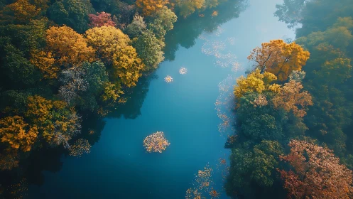 Autumn forest borders calm blue river in aerial landscape