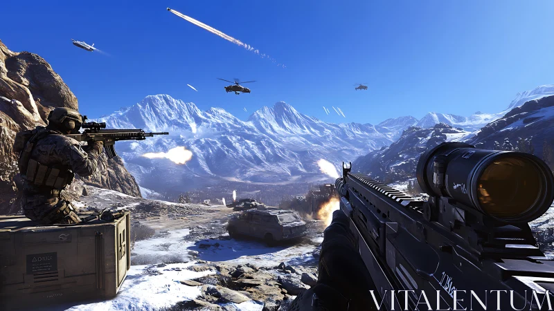 Epic Mountain Warfare: Soldiers Under Fire in Snowy Peaks.