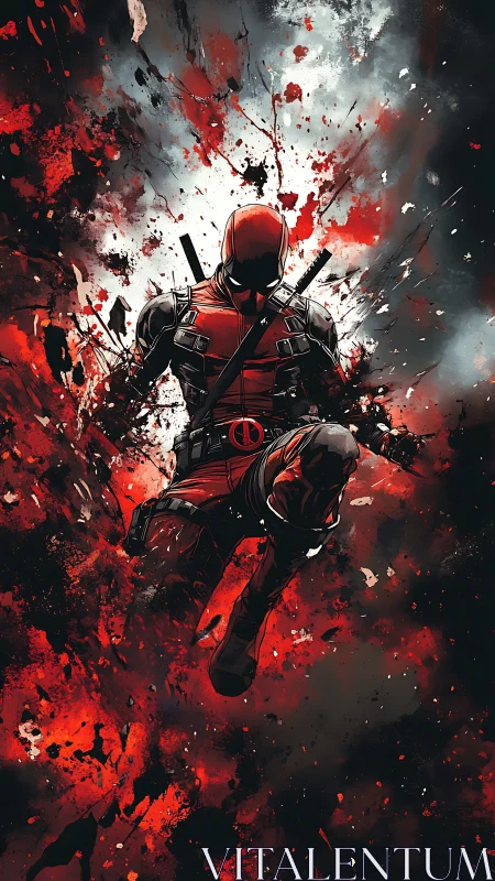 Red masked comic fighter lunges forward amid explosive splashes