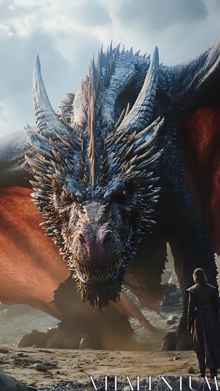 Massive spiked dragon confronting lone human on shore.