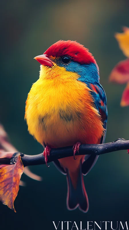 Vivid songbird rests on branch in soft autumn bokeh.