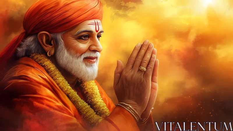 Digital painting of serene guru in orange robes and light-soaked aura.