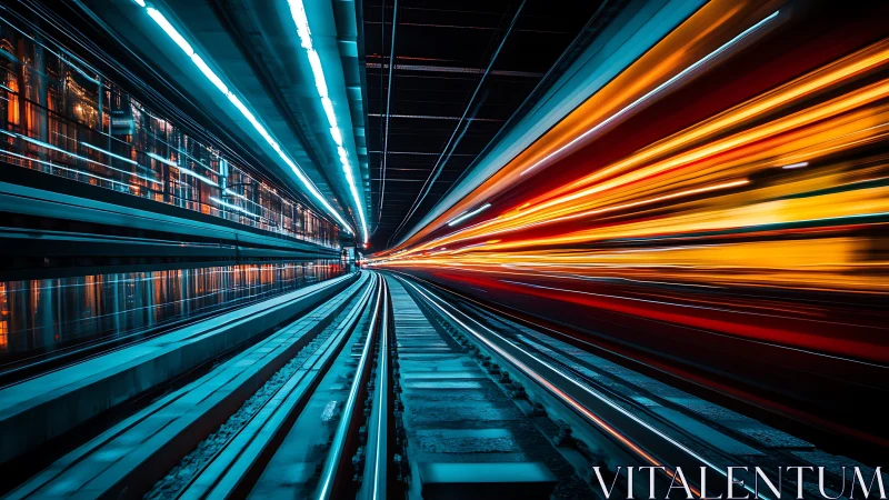 Hyperspeed metro rails with neon motion trails at night.