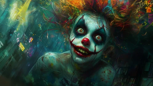 Neon nightmare clown emerging in chaotic urban gloom.
