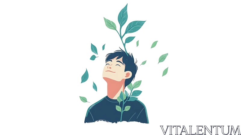 Mindful youth grows with nature in serene illustration.