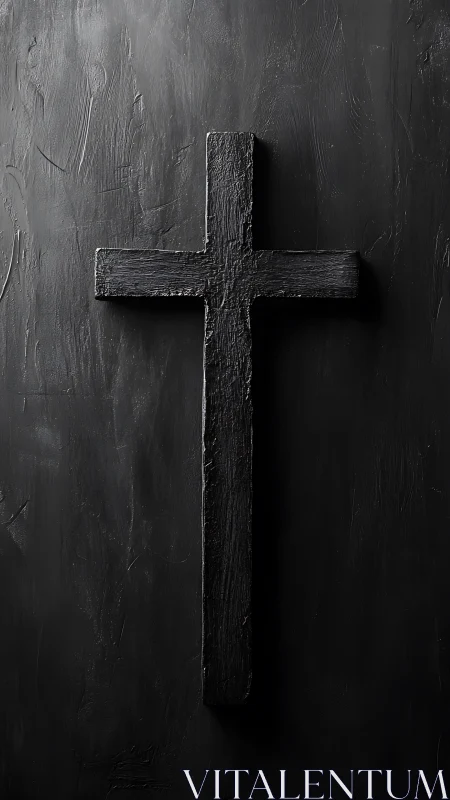 Monochrome textured wooden cross on matte black plaster wall