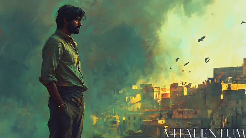 Solitary figure overlooks hazy urban skyline in diffused teal light