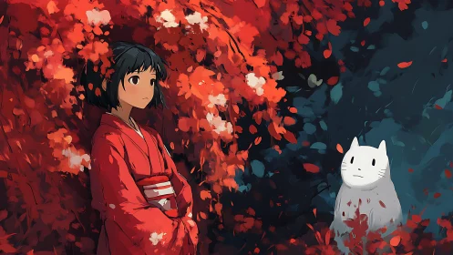 Girl in red kimono beside white spirit in autumn grove.