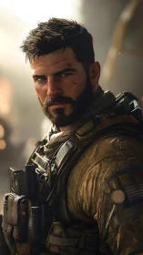 Battle-scarred soldier stares down chaos in burning light.