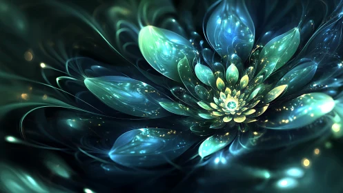 Glowing cosmic flower unfolding in dreamy teal light.
