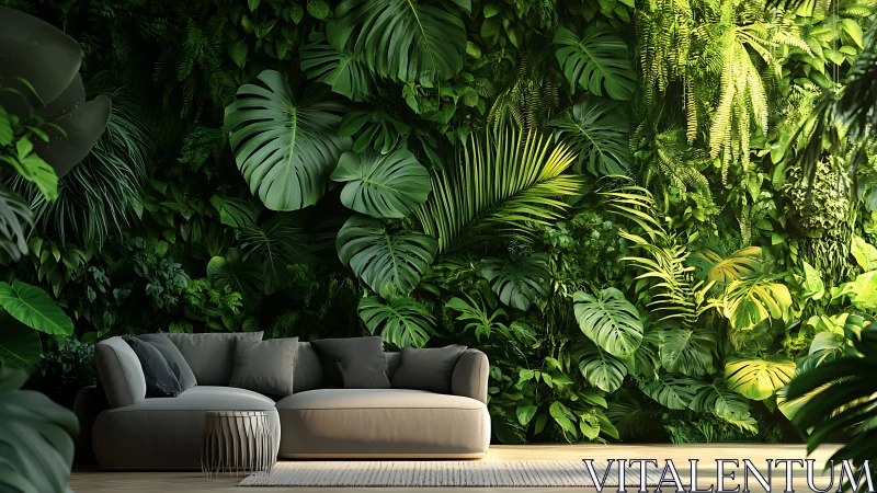 Jungle-soaked sofa nest lounges softly beneath living leaves
