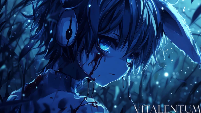 Bleeding blue-eyed bunny youth in nocturnal anime marsh.