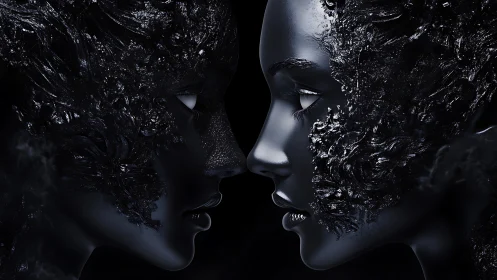 Mirrored obsidian faces merge through molten textured shadows.
