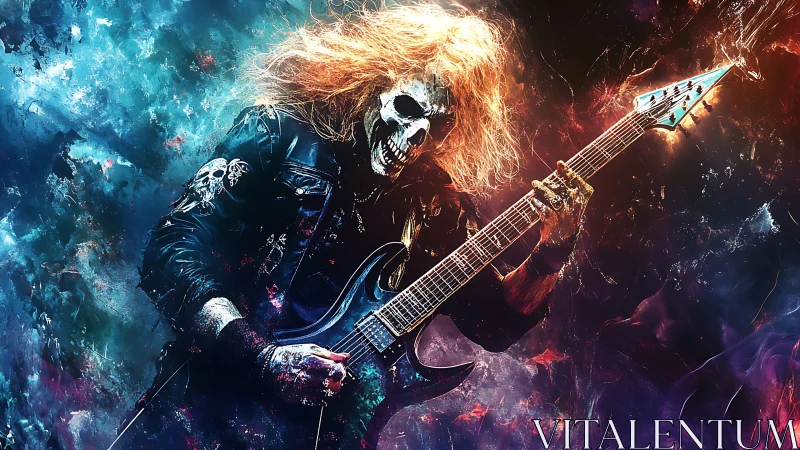 Skeletal guitarist holds electric guitar amid abstract nebula field