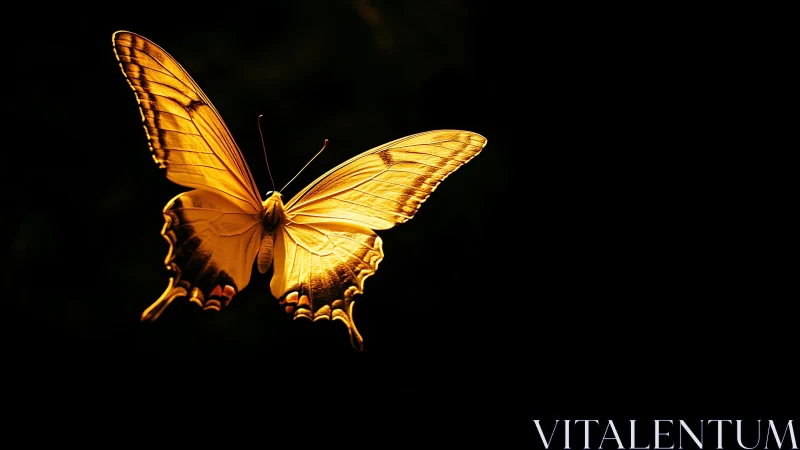 Sunlit butterfly carves bright gold echoes through shadow