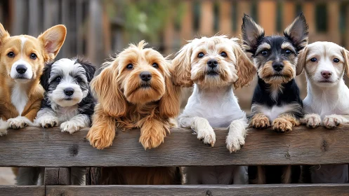 Six small dogs line up behind wooden fence and look forward