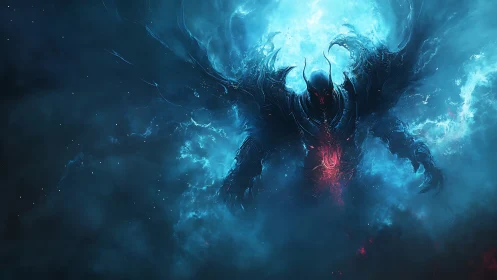 Dark armored figure emerging within blue cosmic mist.