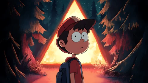 Lost cartoon boy before glowing forest triangle portal.
