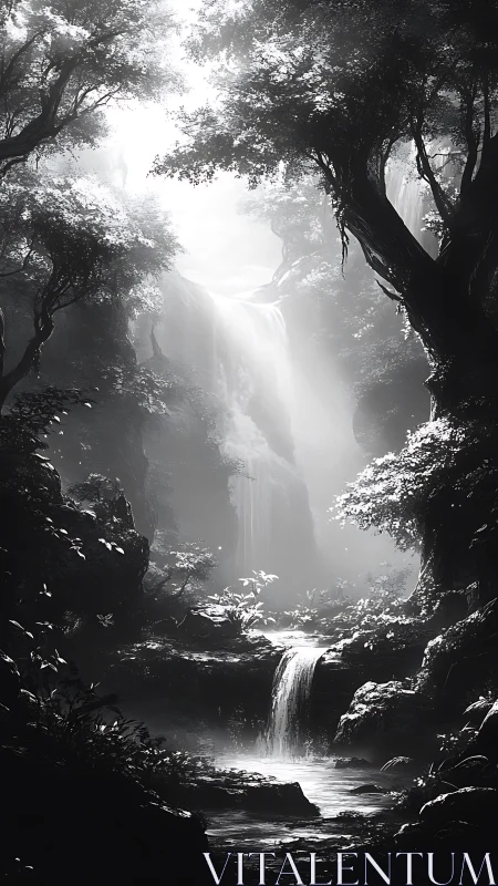 Luminous Cascade Through Primordial Forest Gorge.